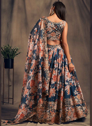 Wonderful Navy Blue Color Floral Print Organza Lehenga Choli